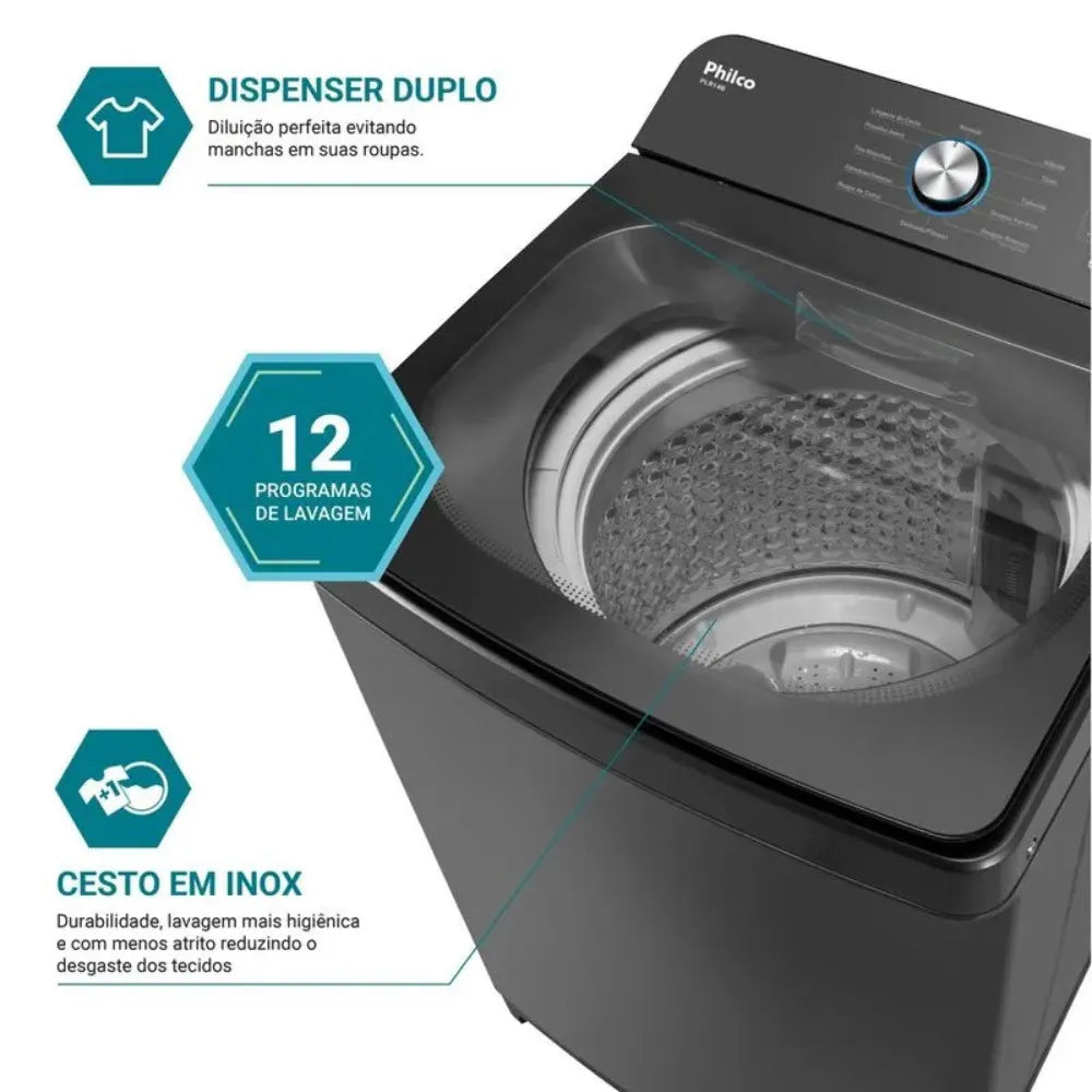 Máquina de Lavar Philco 14 Kg Preto Plr14b 12 Programas  Cesto de Inox Tampa de Vidro